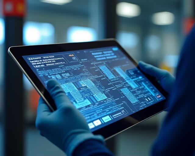 Vista de un técnico usando una tableta con interfaz de Realidad Aumentada sobre una antena RFID